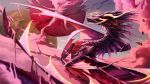  2018 cloud digital_media_(artwork) dragon feathers feral flying horn neytirix open_mouth purple_feathers purple_scales red_eyes ridged_horn scales solo teeth wyvern 