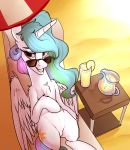  2018 beach beverage chair chest_tuft cup cute cutie_mark equine eyebrows eyelashes eyewear feathered_wings feathers female feral friendship_is_magic fur glass grin hair half-closed_eyes hi_res hooves horn ice lemonade looking_at_viewer lying mammal multicolored_hair my_little_pony nude on_back outside passigcamel portrait princess_celestia_(mlp) purple_eyes rainbow_hair seaside smile solo summer sunglasses table teeth tuft umbrella white_feathers winged_unicorn wings 