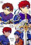  1girl absurdres ao_hito armor blue_hair cape couple dress fire_emblem fire_emblem:_fuuin_no_tsurugi fire_emblem_heroes headband hetero highres lilina long_hair red_hair roy_(fire_emblem) short_hair smile super_smash_bros. translation_request 