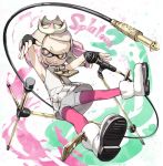  1girl cephalopod_eyes commentary_request crown fingerless_gloves gloves hime_(splatoon) kantoku microphone microphone_stand mole mole_under_mouth pantyhose smile solo splatoon_(series) splatoon_2 suction_cups tentacle_hair zipper zipper_pull_tab 