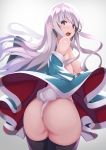  :o akausuko ass bare_shoulders black_legwear blue_eyes blush breasts commentary_request eyebrows_visible_through_hair fundoshi grey_background grey_hair hair_censor happi highres hips japanese_clothes large_breasts long_hair looking_at_viewer looking_back open_mouth original silver_hair simple_background solo thighhighs thighs very_long_hair 