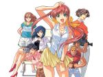  4girls akasaka_mitsuki aqua_eyes arm_up arms_behind_back black_eyes black_hair blue_hair bracelet breasts brown_hair camera chair cleavage denim double_cast freckles gotou_keiji grin hair_ribbon hairband hand_on_head high_heels holding holding_camera jeans jewelry leaning_forward long_hair looking_at_viewer mole mole_under_mouth multiple_boys multiple_girls muscle necklace open_mouth pants pink_shirt ponytail pumps red_footwear red_hair ribbon rimless_eyewear round_eyewear shirt short_hair short_sleeves simple_background sitting skirt sleeveless sleeveless_shirt smile standing white_background white_footwear 