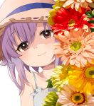  :3 bangs bare_shoulders commentary dress eyebrows_visible_through_hair face flower flower_request hair_between_eyes hat idolmaster idolmaster_cinderella_girls kirarin369 koshimizu_sachiko looking_at_viewer peeking_out purple_hair red_eyes short_hair simple_background solo spaghetti_strap straw_hat white_background white_dress 