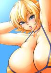  1girl bikini_top blonde_hair blue_eyes blush breasts female huge_breasts igawa_sakura looking_at_viewer shiny shiny_skin short_hair simple_background solo taimanin_(series) taimanin_asagi wrato 