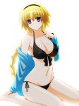  barefoot bikini black_bikini black_hairband blonde_hair blue_eyes braid breasts cleavage engo_(aquawatery) fate/grand_order fate_(series) front-tie_top hairband jeanne_d'arc_(fate)_(all) jeanne_d'arc_(swimsuit_archer) large_breasts long_braid long_hair looking_at_viewer side-tie_bikini simple_background single_braid sitting smile solo swimsuit very_long_hair wariza white_background 