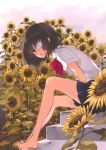  another bare_legs barefoot black_hair black_skirt eyepatch flower itou_noiji miniskirt misaki_mei red_eyes school_uniform shirt short_hair short_sleeves skirt solo sunflower white_shirt 