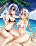  bangs bare_arms bare_shoulders beach bendy_straw bikini black_bikini blonde_hair blue_eyes blue_sky blush bow braid breasts brown_eyes cleavage cloud cloudy_sky collarbone commentary_request cross-laced_clothes cup day drink drinking_glass drinking_straw eyebrows_visible_through_hair fate/grand_order fate_(series) fisheye hair_bow halter_top halterneck harimoji headpiece highres holding holding_cup horizon jeanne_d'arc_(alter)_(fate) jeanne_d'arc_(fate) jeanne_d'arc_(fate)_(all) long_hair looking_at_viewer low_ponytail medium_breasts multi-strapped_bikini multiple_girls navel o-ring o-ring_bikini o-ring_bottom o-ring_top ocean open_mouth outdoors palm_tree petals ponytail round_teeth sand short_hair sidelocks silver_hair single_braid sitting sky swimsuit teeth tree tropical upper_teeth very_long_hair water white_bikini white_bow 
