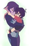  1girl black_hair bodysuit carrying child child_carry facial_mark grey_eyes keith_(voltron) krolia miyata_(lhr) mother_and_son multicolored_hair open_mouth pink_hair pointy_ears purple_hair purple_skin shorts smile spoilers two-tone_hair voltron:_legendary_defender yellow_sclera younger 