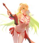  aestus_estus bikini breasts cleavage closed_mouth commentary_request criss-cross_halter fate/grand_order fate_(series) green_eyes hair_intakes halterneck holding holding_sword holding_weapon nero_claudius_(fate)_(all) nero_claudius_(swimsuit_caster)_(fate) red_bikini side-tie_bikini solo standing striped striped_bikini swimsuit sword weapon ya99ru 
