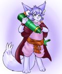  2018 anthro canine cape cloak clothing digitigrade female fennec fox fur hair lamiaaaa lavender_fur mammal melee_weapon pirate purple_fur purple_hair recon_skyscout_of_the_skyfang_brigade skyfang_brigade sword telescope weapon whiskers yu-gi-oh 
