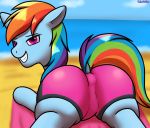  2018 absurd_res beach blurred_background butt butt_focus close-up clothed clothing cloud dock equine eyebrows eyelashes female feral floppy_ears friendship_is_magic galacticham grin hair hi_res hooves looking_at_viewer looking_back lying mammal multicolored_hair my_little_pony on_front portrait purple_eyes rainbow_dash_(mlp) rainbow_hair rear_view sea seaside shorts sky smile solo teeth towel water 