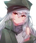  bangs blush brown_eyes closed_mouth eyebrows_visible_through_hair g11_(girls_frontline) girls_frontline hair_between_eyes hat highres jacket long_hair looking_at_viewer meow_nyang open_clothes scarf shirt silver_hair simple_background upper_body very_long_hair white_background 