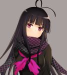  antenna_hair bangs black_hair black_scarf black_shirt blunt_bangs breasts brown_background closed_mouth fate/grand_order fate_(series) head_tilt hijiri_ruka long_sleeves looking_at_viewer medium_breasts oryou_(fate) purple_eyes purple_neckwear scarf shirt solo torn_clothes torn_neckerchief upper_body 