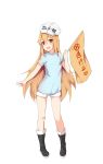  black_footwear blue_shirt boots character_name clothes_writing flag flat_cap full_body hat hataraku_saibou highres holding holding_flag light_brown_hair long_hair meng_ge_3_(565571710) open_mouth platelet_(hataraku_saibou) red_eyes round_teeth shirt short_shorts short_sleeves shorts simple_background solo standing teeth upper_teeth very_long_hair white_background white_hat white_shorts 