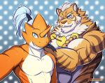  2017 anthro arm_markings big_muscles blue_background blue_eyes blue_hair cheek_tuft crossed_arms dotted_background duo facial_markings feline front_view fur hair inner_ear_fluff jewelry lin_hu looking_at_viewer male mammal markings multicolored_fur muscular muscular_male necklace nekojishi nude one_eye_closed pattern_background primodrago selfie simple_background smile standing tiger tuft two_tone_fur wink 