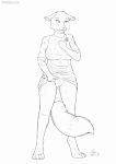  2018 anthro black_and_white breasts canine clothed clothing clothing_lift embarrassed fantastic_mr_fox female fox mammal momosukida monochrome mrs_fox partially_clothed presenting presenting_pussy pussy shy simple_background solo tail_between_legs white_background 