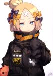  abigail_williams_(fate/grand_order) bangs black_bow black_jacket blonde_hair blue_eyes bow closed_mouth commentary_request fate/grand_order fate_(series) forehead fujikiri_yana hair_bow hair_bun heroic_spirit_traveling_outfit jacket long_sleeves looking_at_viewer object_hug orange_bow parted_bangs polka_dot polka_dot_bow signature simple_background sleeves_past_fingers sleeves_past_wrists solo stuffed_animal stuffed_toy teddy_bear white_background 