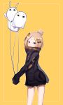  abigail_williams_(fate/grand_order) airesu_(salmon_alter) alternate_hairstyle balloon bandaid_on_forehead bangs belt black_bow black_jacket blonde_hair blue_eyes blush bow closed_mouth commentary_request fate/grand_order fate_(series) forehead fou_(fate/grand_order) hair_bow hair_bun heroic_spirit_traveling_outfit high_collar highres jacket long_hair looking_at_viewer medjed nitocris_(fate/grand_order) nitocris_(swimsuit_assassin)_(fate) orange_bow parted_bangs polka_dot polka_dot_bow simple_background sleeves_past_fingers sleeves_past_wrists solo thighs yellow_background 
