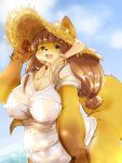  anthro belly big_breasts bottomless breasts brown_eyes brown_hair canine clothed clothing female fox fur hair hat huge_breasts kemono long_hair looking_at_viewer mammal nipples open_mouth orange_fur outside overweight overweight_female pawpads setouchi_kurage sheer_clothing shirt smile solo standing straw_hat translucent transparent_clothing voluptuous water wet_shirt 