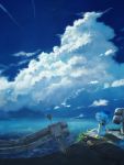  barefoot blue_dress blue_hat blue_sky cloud commentary_request condensation_trail dress grass guard_rail hat highres original outdoors ruins scenery short_sleeves sitting sky solo sorakuma_(oycue41) summer 