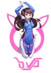  absurdres animal_print arms_up bangs beudyek blue_bodysuit blush bodysuit breasts brown_eyes brown_hair bunny_print closed_mouth covered_navel d.va_(overwatch) facial_mark gloves headphones highres long_hair looking_at_viewer medium_breasts no_shoes overwatch pilot_suit ribbed_bodysuit shoulder_pads solo very_long_hair whisker_markings white_background white_gloves wrist_grab 