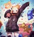 abigail_williams_(fate/grand_order) arms_up balloon bangs black_bow black_jacket blonde_hair blue_eyes blue_sky blurry blurry_background blush bow commentary confetti covered_mouth day depth_of_field english_commentary fate/grand_order fate_(series) hair_bow hair_bun heroic_spirit_traveling_outfit jacket long_sleeves looking_at_viewer nagu object_hug orange_bow outdoors parted_bangs polka_dot polka_dot_bow signature sky sleeves_past_wrists solo stuffed_animal stuffed_toy teddy_bear 