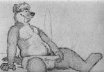  anthro bd belly bulge canine clothing dog fur half-closed_eyes male mammal monochrome mostly_nude navel open_mouth peeing pen_(artwork) pencil_(artwork) penis sitting slightly_chubby solo tongue tongue_out traditional_media_(artwork) underwear urine watersports 