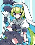  bangs braid breasts crabominable cross cross_necklace eyebrows_visible_through_hair eyes_visible_through_hair gen_7_pokemon gloves green_hair grey_eyes habit holding holding_staff jewelry light_green_hair long_hair looking_at_viewer momoshiro necklace personification pokemon puffy_short_sleeves puffy_sleeves short_sleeves small_breasts solo staff straight_hair tsurime twin_braids 