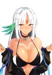  azur_lane bare_shoulders bikini_top black_hair black_jacket blush bodypaint breasts brown_eyes choker cleavage closed_mouth collarbone commentary_request eyebrows_visible_through_hair facepaint flying_sweatdrops hands_up highres jacket large_breasts long_hair long_sleeves looking_at_viewer massachusetts_(azur_lane) multicolored_hair native_american open_clothes open_jacket pnatsu silver_hair simple_background solo swimsuit swimsuit_under_clothes tan unzipped upper_body white_background 