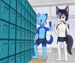  5_fingers anthro blue_fur boxers_(clothing) bulge canine cat child clothing cub duo feline fennec fox fur grey_fur haziq(hazumazu) hazumazu locker male mammal navel solo standing towel underwear white_fur young 