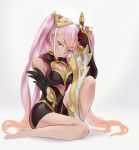  armor black_armor black_gloves closed_mouth commentary_request dark_skin ei1han elbow_gloves feather_trim fire_emblem fire_emblem_heroes gloves gold_trim gradient_hair hair_ornament highres holding holding_sword holding_weapon laevateinn_(fire_emblem_heroes) long_hair multicolored_hair pink_hair red_eyes simple_background sitting solo sword twintails twitter_username weapon 