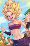  aqua_eyes bare_shoulders blonde_hair blue_sky breasts caulifla cleavage clenched_hands cloud commentary day dragon_ball dragon_ball_super its_just_suppi midriff navel open_mouth saiyan sky smile solo spiked_hair stomach strapless super_saiyan teeth tubetop vambraces 