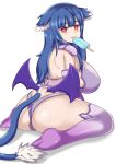  alternate_breast_size animal_ears ass blue_hair blush breasts eyebrows_visible_through_hair familiar_(monster_girl_encyclopedia) fang fang_out food food_in_mouth full_body hair_down highres huge_breasts long_hair looking_at_viewer looking_back low_wings monster_girl monster_girl_encyclopedia mouth_hold nav popsicle purple_legwear red_eyes shoulder_blades simple_background sitting solo star star-shaped_pupils sweat symbol-shaped_pupils tail thick_thighs thighhighs thighs wariza white_background wings 