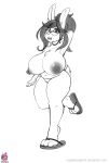  2018 3_toes absurd_res anthro areola big_breasts breasts darkhazard eyewear female glasses hair hand_behind_head hi_res huge_breasts lagomorph looking_at_viewer mammal nipples open_mouth pussy rabbit simple_background solo toes 
