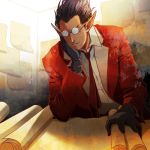  black_gloves black_hair chin_rest commentary_request demiurge formal glasses gloves hair_slicked_back k-ta male_focus necktie no_earrings overlord_(maruyama) pointy_ears red_suit smile solo suit 