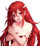  bangs bare_shoulders bikini blush breast_conscious breast_hold breasts cleavage collarbone commentary_request crossed_arms fire_emblem fire_emblem:_kakusei hair_between_eyes hair_ornament head_tilt head_wings jurge long_hair navel open_mouth red_bikini red_eyes red_hair simple_background small_breasts solo strap_slip swimsuit tiamo upper_body very_long_hair white_background white_wings wing_hair_ornament wings 