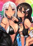  arm_at_side azur_lane bare_shoulders belt bikini_top black_hair black_jacket blush breast_press breasts brown_eyes cleavage commentary_request crop_top dark_skin eyebrows_visible_through_hair eyes_visible_through_hair feathers finger_to_mouth hair_between_eyes hair_feathers hair_ornament head_tilt highres jacket jewelry large_breasts lips long_hair long_sleeves looking_at_viewer mappaninatta massachusetts_(azur_lane) md5_mismatch multicolored_hair multiple_girls native_american navel necklace open_clothes shiny shiny_skin silver_hair south_dakota_(azur_lane) swimsuit swimsuit_under_clothes symmetrical_docking unzipped upper_body zipper 