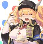  ^_^ ^o^ armband balloon bandaid bandaid_on_face bangs black_coat black_hat blonde_hair blush breasts bridal_gauntlets brown_neckwear cake closed_eyes coat collared_coat eyebrows_visible_through_hair facing_viewer food fork fruit gloves granblue_fantasy hair_between_eyes hat hat_feather holding holding_fork holding_plate kztk large_breasts long_hair monica_weisswind open_clothes open_coat open_mouth peaked_cap plate shiny shiny_hair shirt sidelocks solo strawberry tongue twintails upper_body white_background white_shirt wide_sleeves wing_collar 