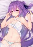  ahoge azur_lane bangs bare_shoulders black_ribbon blush breasts cameltoe cleavage clothes_pull commentary_request covered_nipples eyebrows_visible_through_hair groin hair_bun hair_ribbon highres hips long_hair looking_at_viewer lowleg lowleg_panties lying navel on_back open_mouth panties purple_eyes purple_hair ribbon side_bun sidelocks skindentation solo sora_(pixiv_32463296) stomach striped striped_panties stuffed_alicorn stuffed_animal stuffed_toy thighhighs thighs underwear unicorn_(azur_lane) very_long_hair 
