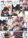 1girl alternate_costume banana bangs black_hair blue_eyes blurry blurry_background blush cellphone comic commentary_request couple darling_in_the_franxx eyebrows_visible_through_hair festival floral_print food fruit green_eyes grey_kimono hand_on_own_head heart herozu_(xxhrd) hetero hiro_(darling_in_the_franxx) holding holding_cellphone holding_food holding_phone horns japanese_clothes kimono long_hair looking_at_another phallic_symbol phone pink_hair purple_kimono red_horns smartphone speech_bubble striped striped_kimono sweat tongue tongue_out translation_request wide_sleeves yukata zero_two_(darling_in_the_franxx) 