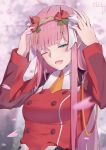  ;d bangs blunt_bangs breasts cherry_blossoms darling_in_the_franxx eyebrows_visible_through_hair flower green_eyes hair_flower hair_ornament hair_ribbon long_hair medium_breasts necktie one_eye_closed open_mouth orange_neckwear pink_hair red_flower ribbon short_necktie smile solo upper_body very_long_hair white_ribbon yeh_(354162698) zero_two_(darling_in_the_franxx) 