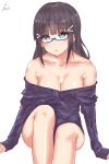  10s 1girl arm_support artist_name bare_shoulders bespectacled black_hair blush breasts cleavage eyebrows_visible_through_hair eyes_visible_through_hair glasses green_eyes hair_ornament hairclip hime_cut kaya_(yoshina9) kurosawa_dia large_breasts long_hair looking_at_viewer love_live! love_live!_sunshine!! no_bra off_shoulder signature simple_background sitting solo sweater white_background 