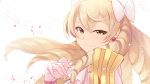  blonde_hair bow closed_mouth commentary_request drill_hair earrings fire_emblem fire_emblem:_kakusei gloves hair_bow highres jewelry long_hair mariabel_(fire_emblem) nakabayashi_zun petals pink_bow simple_background smile solo white_background 