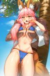  1girl :o animal_ear_fluff animal_ears ass_visible_through_thighs bangs bikini blue_bikini blue_sky blush breasts cloud covered_nipples cowboy_shot dark_skin dark_skinned_male day eyebrows_visible_through_hair faceless faceless_male fang fate/grand_order fate_(series) fox_ears fox_girl fox_tail furrowed_eyebrows grabbing grabbing_from_behind groin hair_between_eyes large_breasts long_hair low_ponytail navel open_mouth outdoors palm_tree pink_hair potato_(sksnabi) pussy_juice side_ponytail sky swimsuit tail tamamo_(fate)_(all) tamamo_no_mae_(fate) tamamo_no_mae_(swimsuit_lancer)_(fate) thighs towel tree underboob yellow_eyes 