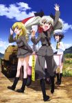  :d absurdres anchovy anzio_(emblem) anzio_military_uniform apron arm_up belt black_bow black_footwear black_hair blonde_hair blue_sky bow braid carpaccio cloud day drill_hair emblem eyebrows_visible_through_hair floating_hair girls_und_panzer green_eyes grey_jacket grey_pants grey_skirt ground_vehicle hair_between_eyes hair_bow hat highres jacket leaning_forward long_hair military military_vehicle miniskirt motor_vehicle multiple_girls official_art open_mouth outdoors pants pepperoni_(girls_und_panzer) red_eyes shiny shiny_hair short_hair side_braid silver_hair single_braid skirt sky smile tank twin_drills twintails very_long_hair white_apron white_hat yoshida_nobuyoshi 