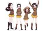  :d absurdres arms_behind_back arms_up black_hair blush boots braid brown_eyes brown_footwear brown_hair brown_hat brown_jacket chi-hatan_military_uniform floating_hair fukuda_(girls_und_panzer) full_body girls_und_panzer glasses hair_over_shoulder hair_ribbon hand_on_hip hat highres hosomi_(girls_und_panzer) jacket knee_boots leg_up looking_at_viewer miniskirt multiple_girls nishi_kinuyo official_art open_mouth pleated_skirt ribbon short_hair simple_background single_braid skirt smile standing standing_on_one_leg star star_print tamada_(girls_und_panzer) twin_braids white_background white_ribbon yellow_eyes yellow_skirt yoshida_nobuyoshi 