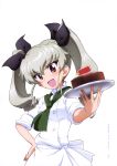  :d absurdres anchovy apron black_bow bow cake copyright_name eyebrows_visible_through_hair food girls_und_panzer hair_between_eyes hair_bow hand_on_hip head_tilt highres long_hair official_art open_mouth page_number red_eyes shiny shiny_hair silver_hair simple_background smile solo standing twintails upper_body white_apron white_background yoshida_nobuyoshi 