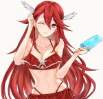  artist_name bare_shoulders bikini commentary_request ei1han fire_emblem fire_emblem:_kakusei fire_emblem_heroes food hair_ornament holding long_hair navel one_eye_closed parted_lips popsicle red_bikini red_eyes red_hair simple_background solo swimsuit tiamo upper_body white_background wing_hair_ornament 