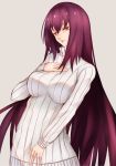  fate/grand_order fate_(series) grey_background hair_intakes hand_on_own_chest highres large_breasts long_hair long_sleeves looking_to_the_side open_mouth purple_hair ragi_(pixiv_12140403) red_eyes ribbed_sweater scathach_(fate)_(all) scathach_(fate/grand_order) simple_background sweater 