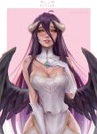  ahoge albedo artist_name bare_shoulders black_hair black_wings blush breasts cleavage commentary daria_leonova demon_girl demon_horns demon_wings detached_collar dress facing_viewer feathered_wings feathers gloves hair_between_eyes hand_on_own_chest highres hip_vent horns large_breasts looking_at_viewer low_wings overlord_(maruyama) parted_lips patreon_username pink_background slit_pupils white_dress white_gloves wings yellow_eyes 